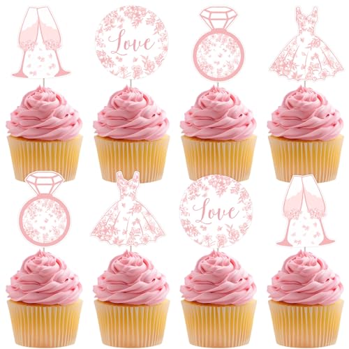 Jollyboom Chinoiserie Brautdusche Dekoration, 24pcs Chinoiserie Bachelorette Cupcake Topper Rosa Diamant Hochzeitskleid Doppelseitiger Druck Kuchen Dekoration für Chinesische Verlobung Party von Jollyboom