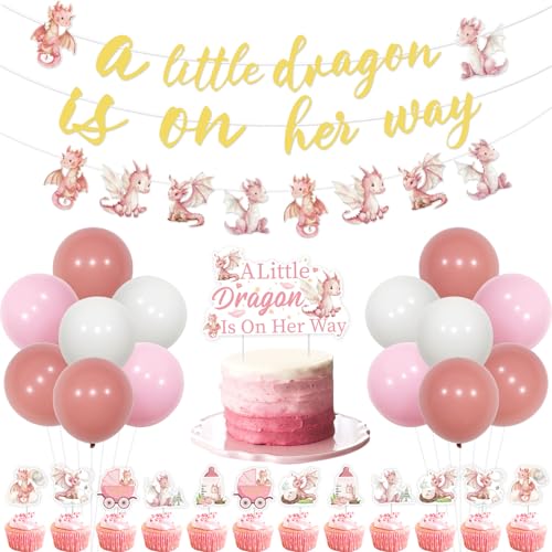 Jollyboom Drachen Thema Babyparty Dekoration Mädchen, A Little Dragon Baby Is On Her Way Dekoration Rosa Drachen Banner Girlande Kuchen Cupcake Topper Ballon für Drachen Baby Shower Geschlecht von Jollyboom