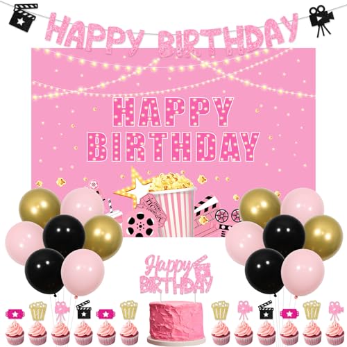 Jollyboom Filmnacht Geburtstag Party Dekorationen Mädchen Rosa Filmnacht Happy Birthday Hintergrund Banner Kuchen Cupcake Toppers Ballons für Film Popcorn Theater Thema Party Supplies von Jollyboom