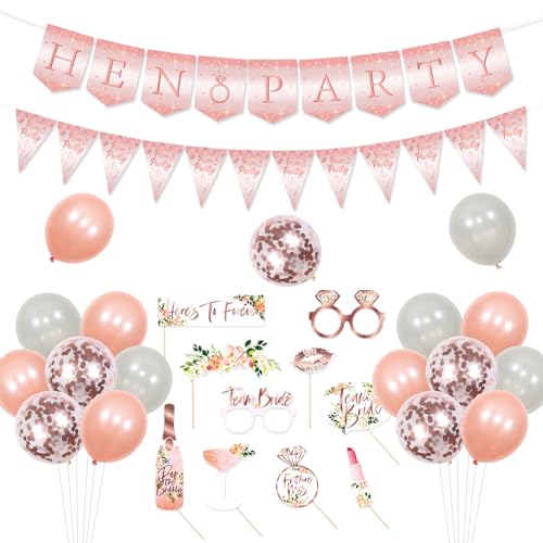 Jollyboom Junggesellinnenabschied-Dekorationsset, Roségold, weiße Luftballons, Junggesellinnenabschied, Wimpelkette, Foto-Requisiten für Brautparty, Verlobung, Junggesellinnenabschied, Partyzubehör von Jollyboom