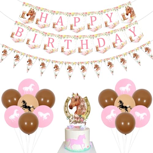 Jollyboom Kindergeburtstag Deko Pferde Mädchen, Pferd Geburtstag Deko, Pferd Happy Birthday Banner Rosa Floral Wimpelkette Geburtstag, Pferde Luftballons Cake Topper für Pferderennen Geburtstag Party von Jollyboom