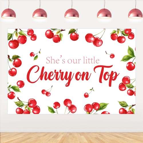 Jollyboom Kirsche 1. Geburtstag Party Dekoration Mädchen, She's Our Little Cherry on Top Hintergrund Banner 1,5 × 90 cm Kirschroter Hintergrund Requisiten für Kirschfrucht 1. 1. 1. Jahr alt Geburtstag von Jollyboom