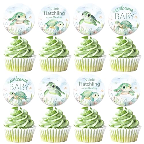 Jollyboom Meeresschildkröte Babyparty Dekoration Junge, 24pcs Meeresschildkröte Cupcake Topper A Little Hatching is on the Way Kuchen Dekoration für Meeresschildkröte unter dem Meer Ozean Kreatur von Jollyboom