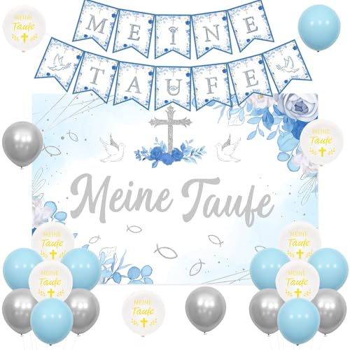 Jollyboom Meine Taufe Deko Junge, Blau Taufe Dekoration Taufe Girlande Banner, Taufe Luftballons Hintergrund Deko für Babyparty Babydusche Taufe Deko Erstkommunion Taufe Party Dekoration von Jollyboom