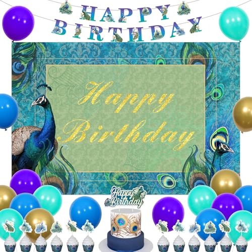 Jollyboom Pfau Geburtstag Dekorationen, Pfau Happy Birthday Dekorationen Hintergrund Banner Pfau Kuchen Cupcake Toppers Ballon für Pfau Vogel Zoo Thema Party Dekorationen von Jollyboom