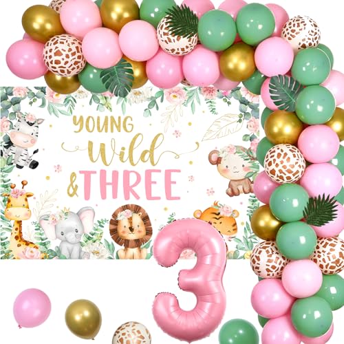 Jollyboom Pink Safari 3rd Birthday Party Decorations for Girls, Young Wild and Three Backdrop Sage Green and Pink Balloon Arch Forest Animal Number 3 Balloons for Jungle Theme 3rd Birthday Decorations von Jollyboom