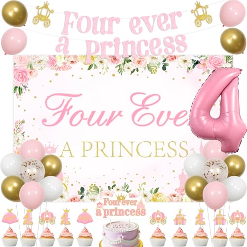 Jollyboom Prinzessin 4. Geburtstag Party Dekoration Mädchen, Four Ever A Princess Geburtstag Dekorationen Hintergrund Banner Rosa Krone Kuchen Cupcake Toppers Nummer 4 Folienballon für 4 Jahre Alt von Jollyboom