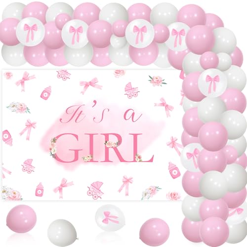 Jollyboom Rosa Schleife Babyparty Dekorationen für Mädchen, It's a Girl Hintergrund Ballon Girlande Kit für rosa Schleife Baby Shower Oh Baby Geschlecht Enthüllung Party Dekorationen von Jollyboom