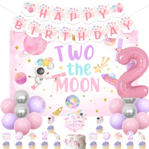 Jollyboom Two The Moon Geburtstagsdekorationen Mädchen, Weltraum 2. Geburtstag Hintergrund Happy Birthday Banner Kuchen Cupcake Topper Rosa Nummer 2 Folienballon für Mädchen Weltraum Thema 2. von Jollyboom