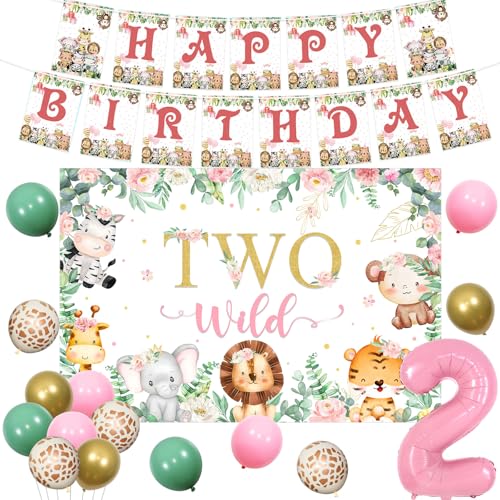 Jollyboom Two Wild Birthday Decorations Girl, Pink Safari Jungle Animal 2nd Birthday Party Decorations Backdrop Banner Sage Green Pink Gold Balloons Number 2 Foil Balloon for 2 Year Old Girl Birthday von Jollyboom