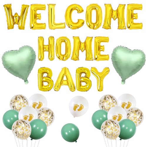 Jollyboom Welcome Home Baby Dekorationen Junge Mädchen, Salbeigrün Gold Welcome Home Baby Ballon Banner Herz Folienballons für Neugeborene Baby Jungen Mädchen Neutral Geburtstagsfeier Babyparty von Jollyboom