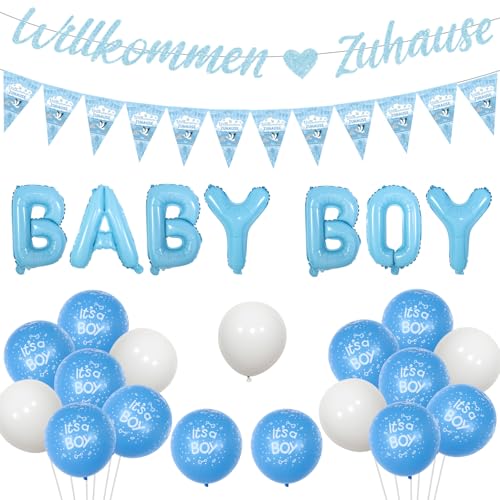 Jollyboom Willkommen Zuhause Deko, Herzlich Willkommen Zuhause Girlande, Blau Luftballon Baby Boy, Willkommen Zuhause Welcome Home Baby Für Baby Shower Party Geburt Deko von Jollyboom