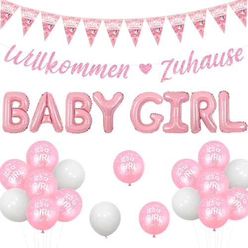 Jollyboom Willkommen Zuhause Deko Baby Mädchen, Herzlich Willkommen Zuhause Girlande, Pink Luftballon Baby Girl, Willkommen Zuhause Welcome Home Baby Für Baby Shower Party Geburt Deko von Jollyboom