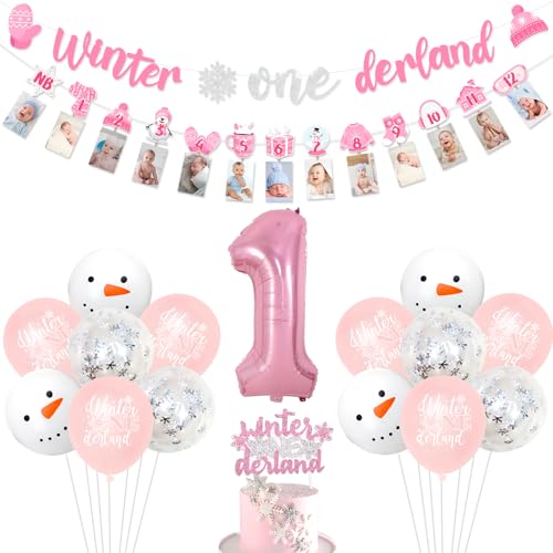 Jollyboom Winter Onederland 1. Geburtstag Mädchen Dekorationen, Winter Onederland Schneeflocke Banner Monatliches Foto Banner Kuchen Cupcake Toppers, Weiß Rosa 1 Folienballon für Mädchen Erste von Jollyboom