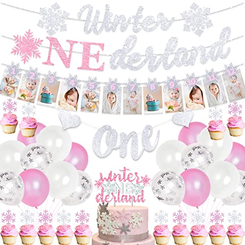 Jollyboom Winter Onederland 1st Birthday Decoraitons for Girls Pink Snowflake First Birthday Party Supplies Snowflake Photo Banner Onederland Banner Cake Topper Highchair Banner for Winter Party von Jollyboom