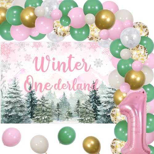 Jollyboom Winter Onederland Geburtstagsdekorationen Mädchen, Winter Woodland Geburtstag Hintergrund Banner Rosa Salbei Grün Weiß Gold Ballonbogen Kit 1 Folienballon für Mädchen Erste Winter von Jollyboom