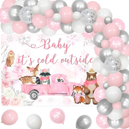 Jollyboom Winter-Wald-Babyparty-Dekorationen für Mädchen, Waldtier Baby It's Cold Outside Hintergrund Rosa Weiß Silber Schneeflocke Ballon Bogen Girlande für Mädchen Winter Baby Shower Geschlecht von Jollyboom