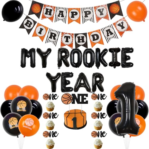 My Rookie Year 1st Birthday Decorations, Basketball Theme Birthday Party with Basketball One Cake Toppers Birthday Happy Birthday Banner Number 1 Basketball Balloon for Basketball Theme 1st Birthday von Jollyboom