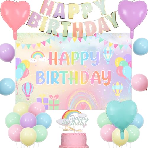 Pastell Regenbogen Geburtstag Dekorationen für Mädchen, Bunte Happy Birthday Hintergrund Happy Birthday Luftballons Banner Pastell Rosa Lila Blau Herz Folienballons Kuchen Topper für 1. 2 Geburtstag von Jollyboom