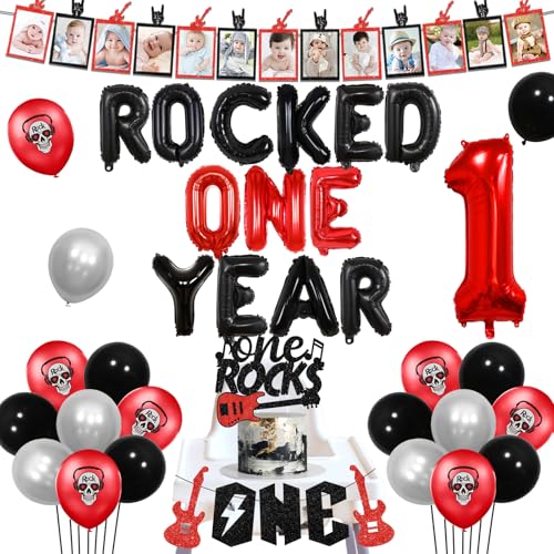 Rock and Roll 1.Geburtstag Dekorationen Jungen Mädchen, One Rocks Musik Thema Party Dekoration Ein Hochstuhl Banner Cake Topper Foto Banner Schwarz Rot Ballon Rocked One Year Nummer 1 Folienballon von Jollyboom