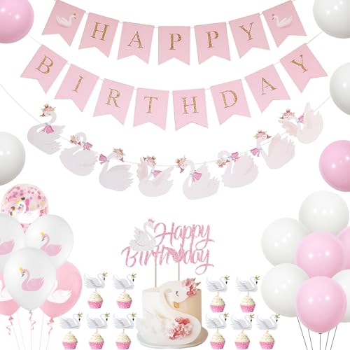 Schwan Geburtstag Dekorationen, Schwan Prinzessin Party Dekorationen Banner Weiß Rosa Schwan Ballon Schwan Kuchen Cupcake Toppers für Mädchen Geburtstag Party Baby Shower von Jollyboom