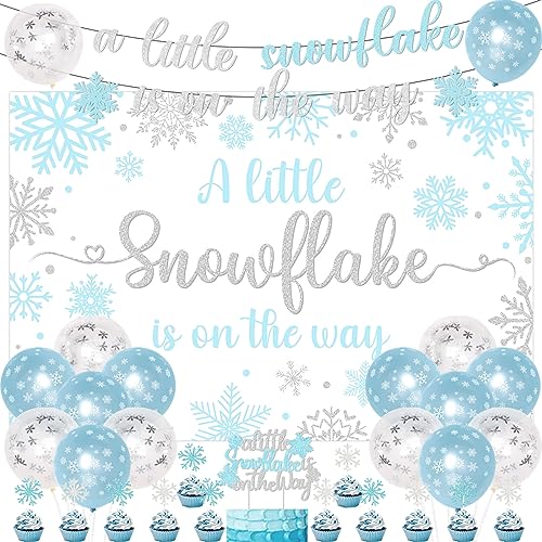 Winter Babyparty Dekorationen Jungen, A Little Snowflake is On The Way Hintergrund Banner Blau Silber Ballon Schneeflocke Kuchen Cupcake Topper für Junge Winter Schneeflocke Baby Shower Party von Jollyboom