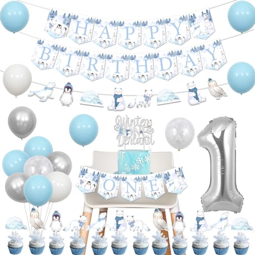 Winter Onederland 1. Geburtstag Dekorationen, Arctic Polar Tier Dekoration Banner Girlande Kuchen Cupcake Toppers Ein Hochstuhl Banner Nummer 1 Folienballon Blau Luftballons für Jungen Mädchen 1. von Jollyboom