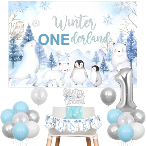 Winter Onederland 1. Geburtstag Dekorationen, Arktische Polartiere Geburtstag Hintergrund Blau Silber Ballon Kuchen Topper Ein Hochstuhl Banner Nummer 1 Folienballon für Jungen Mädchen 1. Geburtstag von Jollyboom