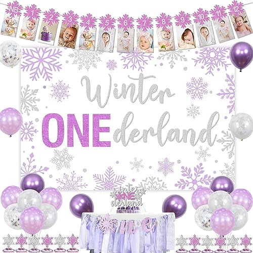 Winter Onederland 1. Geburtstag Dekorationen Mädchen, Lila Silber Ballon Hintergrund Schneeflocke Neugeborene bis 12 Monate Foto Banner Ein Hochstuhl Banner Kuchen Cupcake Topper für Mädchen 1 Jahr von Jollyboom