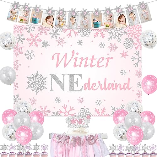 Winter Onederland 1. Geburtstag Dekorationen Mädchen, Rosa Silber Ballon Hintergrund Schneeflocke 12 Monate Foto Banner Kuchen Cupcake Topper Ein Hochstuhl Banner für Mädchen 1 Jahr alt Geburtstag von Jollyboom