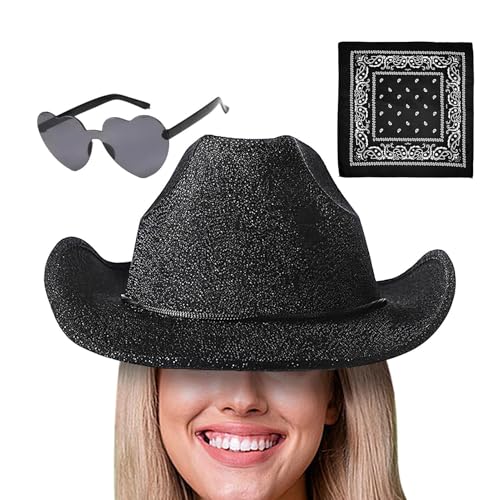 Jomewory Cowgirl-Hüte für Damen, Cowboy-Hut für Damen,Glitzerhüte Cowboyhut | 3X Sparkly Hats Partyhüte mit breiter Krempe, Westernhut mit Bandana und Brille, Westernkostümzubehör von Jomewory