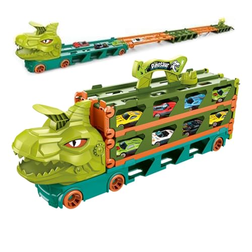 Jomewory Dinosaurier-Transport-LKW,Dinosaurier-Transport-LKW | Autotransporter-LKW-Spielzeug mit 2 Auswurf-Rennstrecken - Autoschlepper-Spielzeug mit 8 Metall-Rennwagen für, Mädchen, Kinder ab 3 von Jomewory