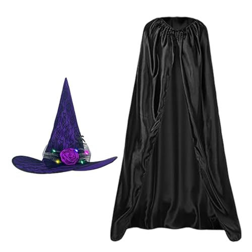 Jomewory Halloween Kostüm Umhang, Halloween Kostüme Hexenumhang Hexenumhang, Schwarzes Umhang-Set mit leuchtendem Hexenhut, Halloween-Kostüme für Erwachsene für Kostüm-Rollenspiele von Jomewory