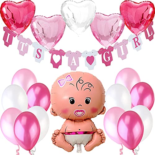 Babyparty Mädchen, Baby Shower Mädchen, Babyparty Deko - It's a Girl Rosa Girlande + 1 XXL Neugeborene Folienballon + 5 Herz Folienballons + 12 Ballons. Dekorations Babydusche Party von Jonami