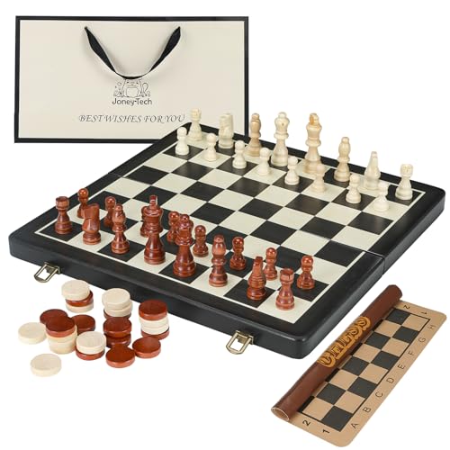 Joneytech 2 In 1 Magnetisches Schachspiel，39cmX39cm Schachbrett Holz Faltbares Schach Dame Set Reise-Schachbrettmatte 2 extra Königinnen Schach für Erwachsene Für Anfänger und Profis Chess Board von Joneytech