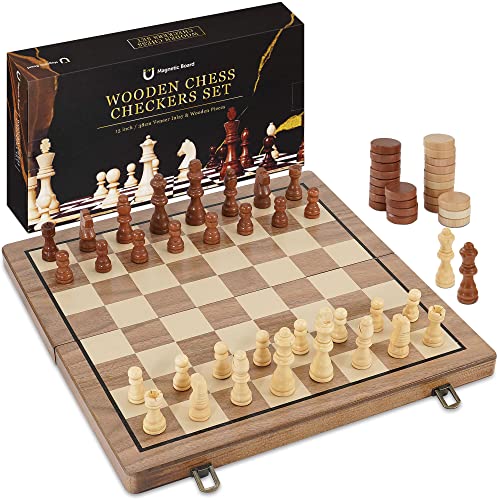 Joneytech 2 In 1 Magnetisches Schachspiel，39cmX39cm Schachbrett Holz Faltbares Schach Dame Set Reise-Schachbrettmatte 2 extra Königinnen Schach für Erwachsene Für Anfänger und Profis Chess Board von Joneytech