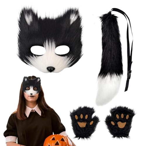 Jongyumo Tier Fuchs Wolf Maske, Flauschiger Gesicht Masken, Cosplay Kostüme Requisiten Plüsch Accessoire, Fuchsschwanz Maske und Pfote Set Karneval Weihnachten Maskerade von Jongyumo