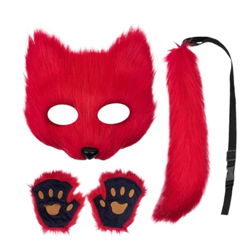 Jongyumo Tier Fuchs Wolf Maske, Flauschiger Gesicht Masken, Cosplay Kostüme Requisiten Plüsch Accessoire, Fuchsschwanz Maske und Pfote Set Karneval Weihnachten Maskerade von Jongyumo