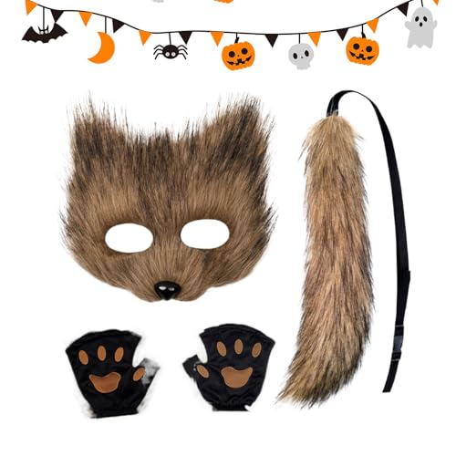 Jongyumo Tier Fuchs Wolf Maske, Flauschiger Gesicht Masken, Cosplay Kostüme Requisiten Plüsch Accessoire, Fuchsschwanz Maske und Pfote Set Karneval Weihnachten Maskerade von Jongyumo