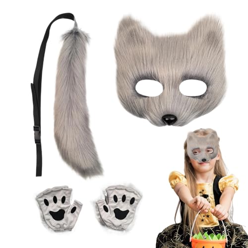 Jongyumo Tier Fuchs Wolf Maske, Flauschiger Gesicht Masken, Cosplay Kostüme Requisiten Plüsch Accessoire, Fuchsschwanz Maske und Pfote Set Karneval Weihnachten Maskerade von Jongyumo