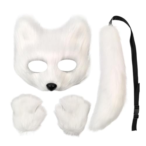 Jongyumo Tier Fuchs Wolf Maske, Flauschiger Gesicht Masken, Cosplay Kostüme Requisiten Plüsch Accessoire, Fuchsschwanz Maske und Pfote Set Karneval Weihnachten Maskerade von Jongyumo