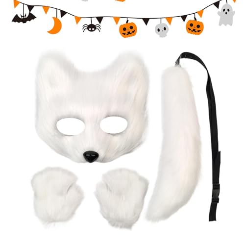 Jongyumo Tier Fuchs Wolf Maske, Flauschiger Gesicht Masken, Cosplay Kostüme Requisiten Plüsch Accessoire, Fuchsschwanz Maske und pfote Set Karneval Weihnachten Maskerade von Jongyumo