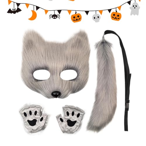 Jongyumo Tier Fuchs Wolf Maske, Flauschiger Gesicht Masken, Cosplay Kostüme Requisiten Plüsch Accessoire, Fuchsschwanz Maske und pfote Set Karneval Weihnachten Maskerade von Jongyumo