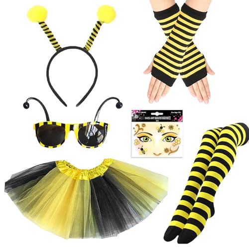 Jooheli 8 Stück Bienenkostüm Kinder, Bienen Kostüm für Kinder mit Gesichtsaufkleber, Kinderkostüm Cosplay Kostüm mit Bienenbrille, Schwarz-gelb Gamaschen, Gazerock, Stirnband, Fingerlose Handschuhe von Jooheli