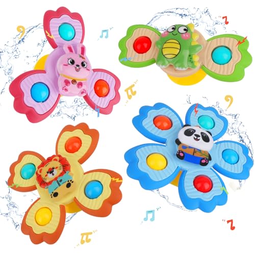 Joollurm 4Pcs Saugnapf Spinner Spielzeug, Spinner für Babys mit Silikon, Badespielzeug für Baby Flugzeug Auto Reisetisch & Fenster 1 Jahr altes Baby Reiseutensilien Geburtstagsgeschenke von Joollurm