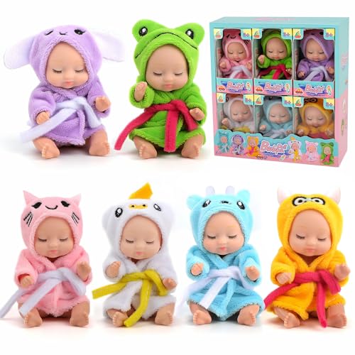 Joollurm 6 Stück Mini Reborn Puppen mit bunten Bademänteln, 4,3 Zoll winzige waschbare schlafende Silikon Baby Doll, Geschenk für Mädchen Jungen Kleinkinder Kinder 3+ (Bademantel-Serie) von Joollurm