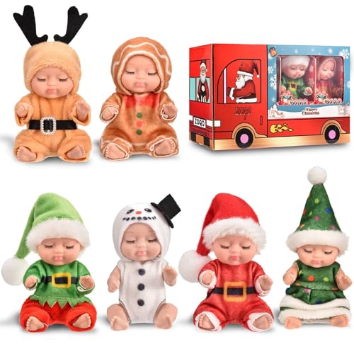 Joollurm 6 Stück Mini Reborn Puppen mit bunter Weihnachtskleidung, 4,3 Zoll winzige waschbare schlafende Silikon Baby Doll, Geschenk für Mädchen Jungen Kleinkinder Kinder 3+ (Weihnachtsserie-1) von Joollurm