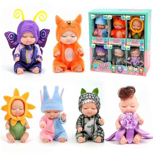 Joollurm 6 Stück Mini Reborn Puppen mit süßen Tierkleidern, 4,3 Zoll winzige waschbare schlafende Silikon Baby Puppe, Geschenk für Mädchen Jungen Kleinkinder Kinder 3+ (Waldserie) von Joollurm