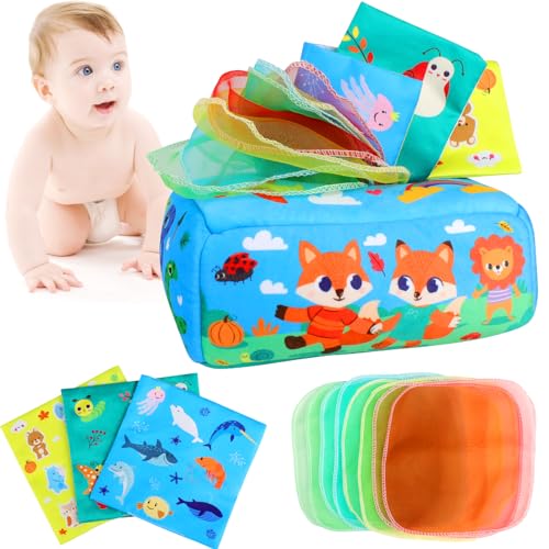 Joollurm Baby Taschentuch Box Spielzeug, Montessori Spielzeug für Babys 6-12 Monate, weiche sensorische Spielzeuge mit zerknitterten Seidenpapieren und bunten Schals für Säuglinge, Magic Tissue Box Ea von Joollurm