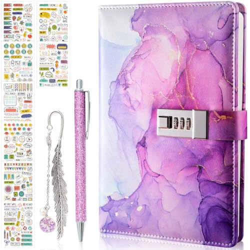 Tagebuch mit Schloss für Mädchen und Frauen, A5 PU Leder Journal mit Passwort für Geschenke, 200 Seiten Lila Secret Marble Notizbücher mit Stift Lesezeichen süße Aufkleber von Joollurm